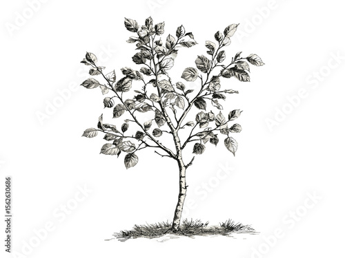 Vintage hand-drawn engraving of white birch tree, botanical art, forest tree, eco-friendly print, floral engraving, retro sketch, black sketch, nature decor, rustic wall art