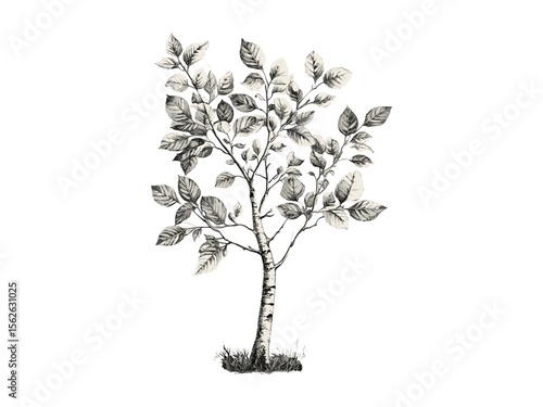 Hand-drawn white birch tree engraving, vintage botanical art, old engraving style, birch leaves, forest nature decor, floral sketch, retro black print, rustic illustration