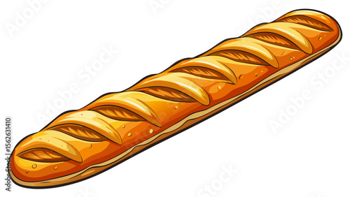 A close-up of baguette, long and crisp with a caramelized crust, lays diagonally on a clean white background, its airy interior slightly revealed at one sliced edge.
