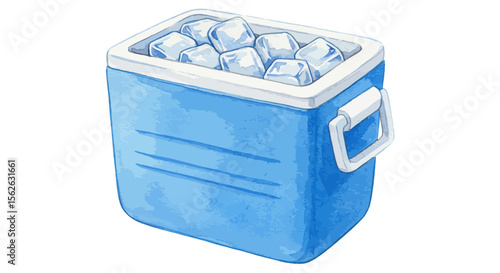 Watercolor illustration of a blue cooler filled with ice cubes on white background