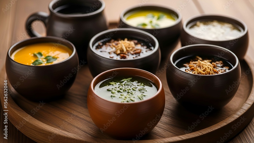Flatlay of assorted Indonesian jamu drinks in ceramic cups. Herbal lifestyle featuring various functional wellness tonics.