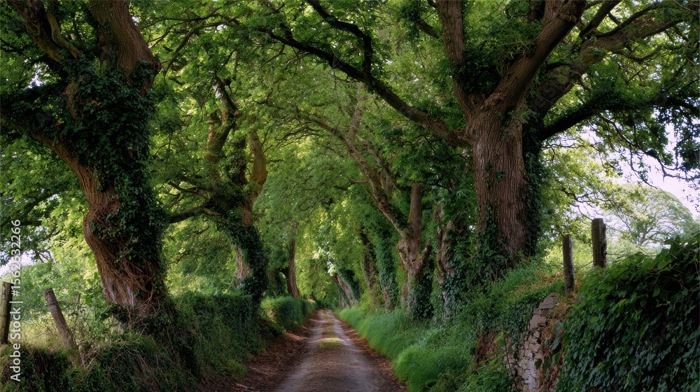 Obraz premium A serene pathway lined with lush trees, inviting nature lovers for a peaceful walk amidst greenery.