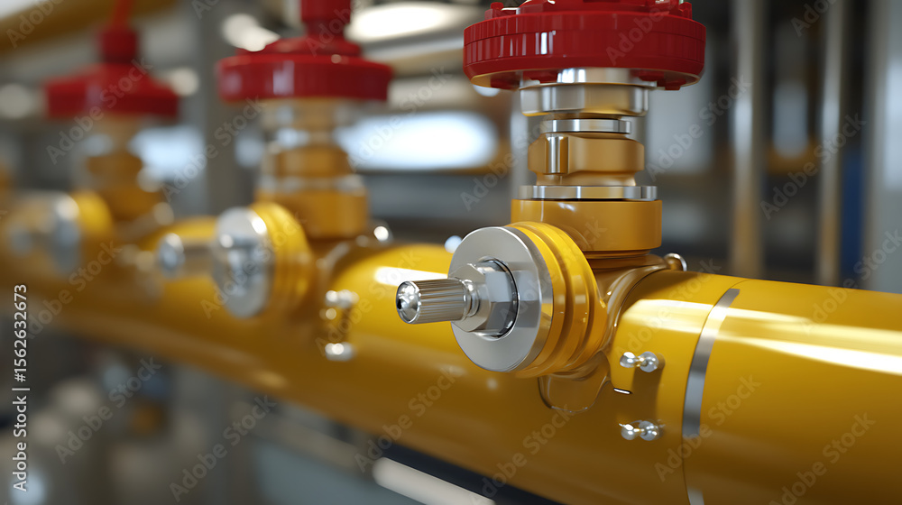 A yellow pipe with four valves on it. The valves are red and silver. Concept of industrial or mechanical work A yellow pipe with four valves on it. The valves are red and silver. Concept of industrial or mechanical work