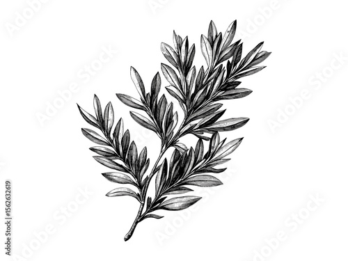 Yew Tree Leaves vintage engraving, hand-drawn botanical art, evergreen foliage, rustic tree print, black sketch style, natural forest decor, classic engraving, eco-friendly wall art