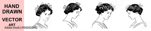 Hand drawn vintage floral woman portrait line art, elegant black outline botanical hairstyle, classical feminine side view vector illustration on white background