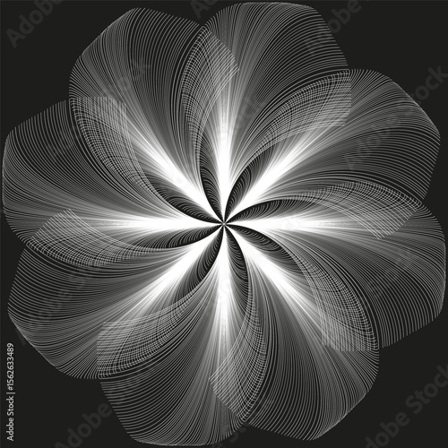 Grey swirl icon. Subtle vortex bloom. Elegant rotation Vector. Deep black background.