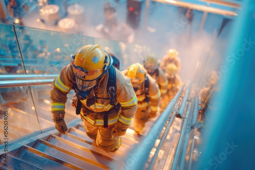 Courageous firefighters ascend the smoky stairway in full gear, showcasing their bravery and teamwork in response to an emergency situation with smoke around them.