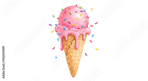 Watercolor Pink Ice Cream Cone with Colorful Sprinkles on White Background