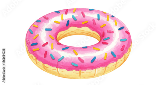 Watercolor Donut with Pink Frosting and Colorful Sprinkles on White Background