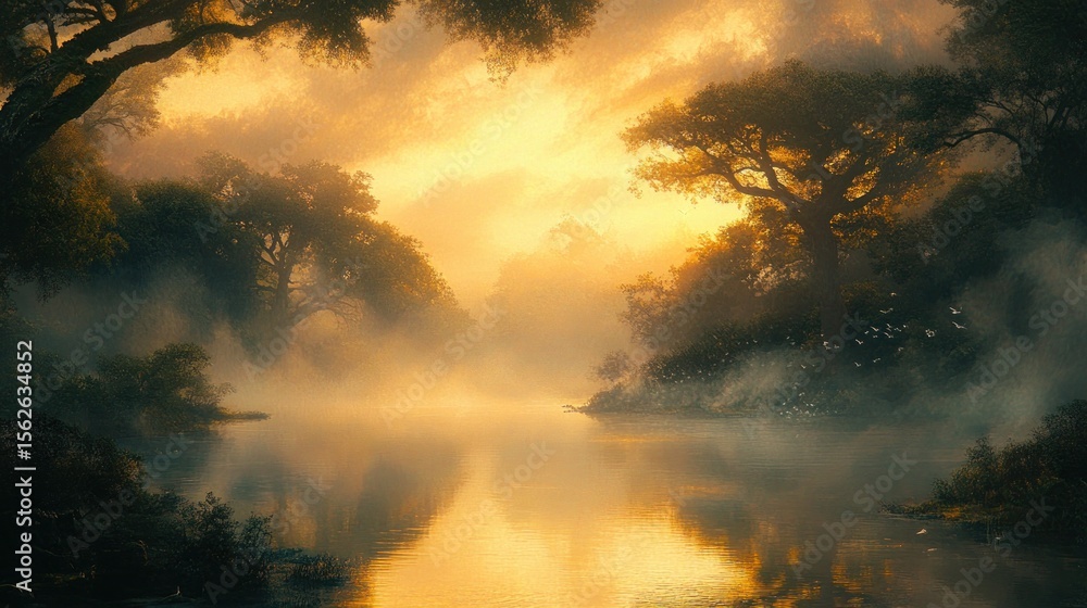Obraz premium Golden mist-shrouded forest river scene