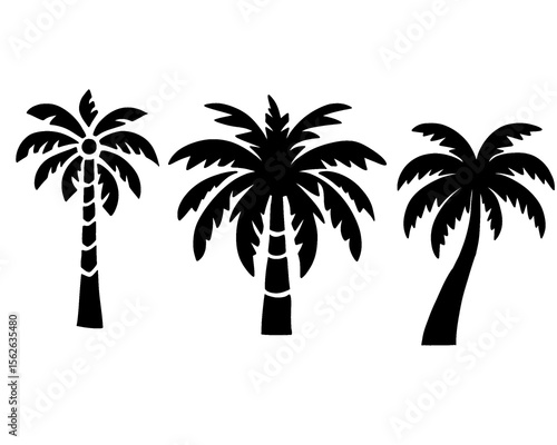 coconut tree icon set, black silhouette of coconut tree, icon isolated on white background
