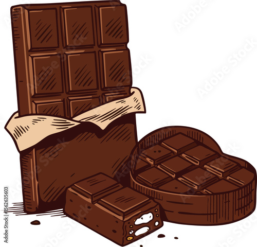 Assorted chocolate bars and heart-shaped chocolate box with nuts in brown tones detailed illustration