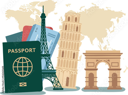 Travel essentials with passport and famous European landmarks including Eiffel Tower, Leaning Tower of Pisa, and Arc de Triomphe in front of world map vector illustration
