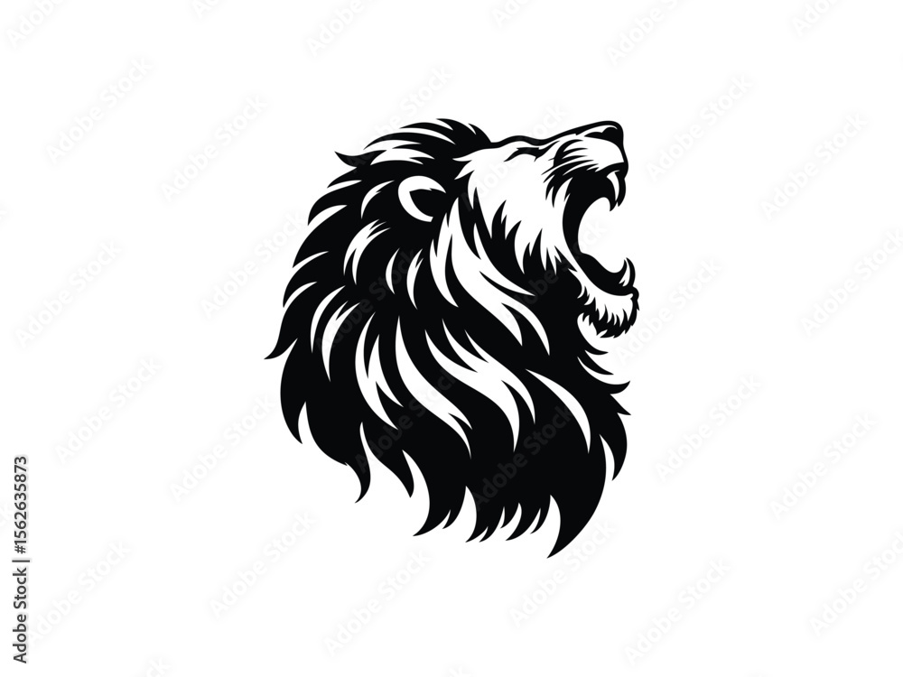 Obraz premium Black lion head vector art. Majestic and fierce silhouette. A bold and intimidating image of a lion's head in black silhouette. Ideal for designs themed around strength, pride and courage.