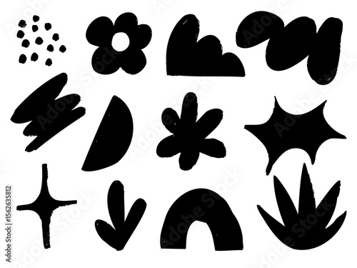 Hand Drawn Black Abstract Shape Symbol. A bold set of hand drawn flat style abstract shapes including flowers blobs stars arrows leaves rainbows dots in black silhouette style for modern design