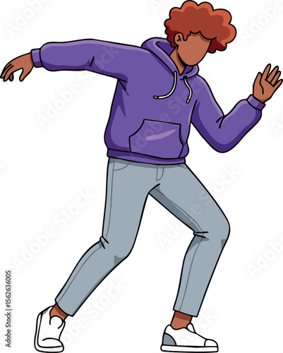 Young man in purple hoodie dancing stylishly with casual gray pants and white sneakers vector illustration