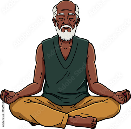 Elderly man meditating in lotus position with closed eyes and calm expression for mental wellness and relaxation vector illustration