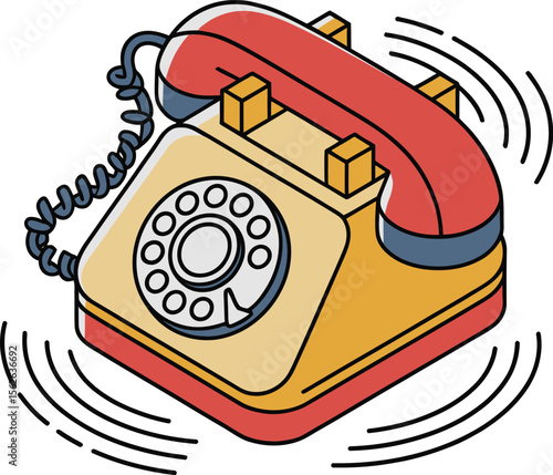 Ringing rotary phone illustration depicts communication in a retro style, isolated on white, with graphic vector design and vintage appeal.