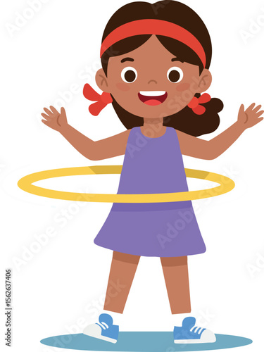Little girl playing with yellow hula hoop wearing purple dress and red headband cheerful activity vector illustration