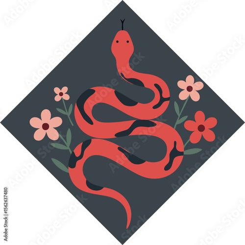 Red snake coiled among pink and red flowers with dark grey background vector design