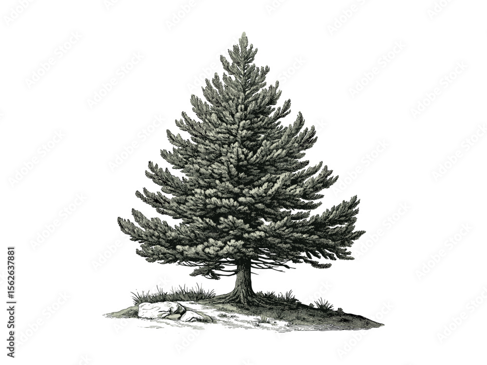 Vintage hand-drawn sugar pine tree illustration, botanical art, sugar pine bark texture, eco-friendly woodland decor, retro nature engraving, black sketch, old engraving style, forest print