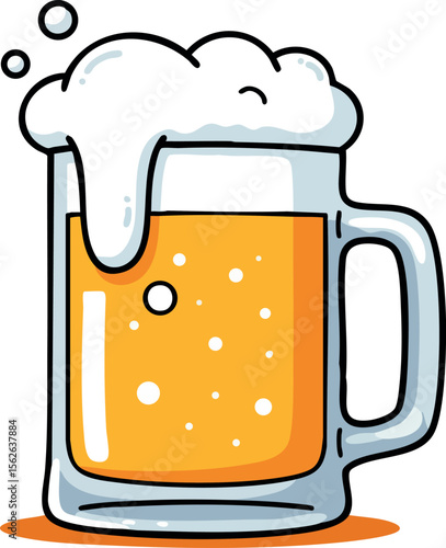 Beer mug with frothy foam and bubbles vector illustration in bright orange color style