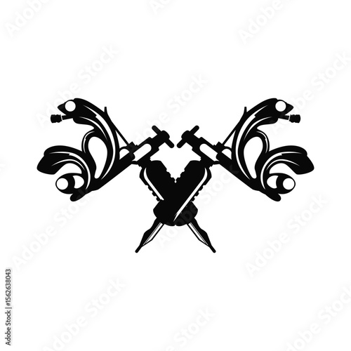 black silhouette illustration logo tattoo machine with vintage old retro minimalist concept template symbol tattoo studio design