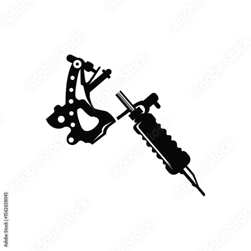 black silhouette illustration logo tattoo machine with vintage old retro minimalist concept template symbol tattoo studio design