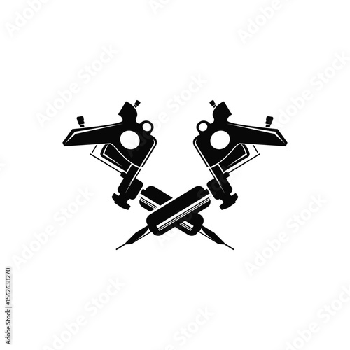 black silhouette illustration logo tattoo machine with vintage old retro minimalist concept template symbol tattoo studio design