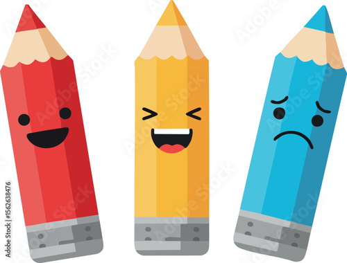 Colored pencil characters with happy and sad emotions red yellow and blue cartoon style vector illustration