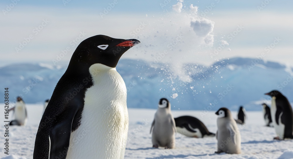 Obraz premium Ad�lie Penguin Exhales Cold Breath Bright Antarctic Landscape. AI Generated