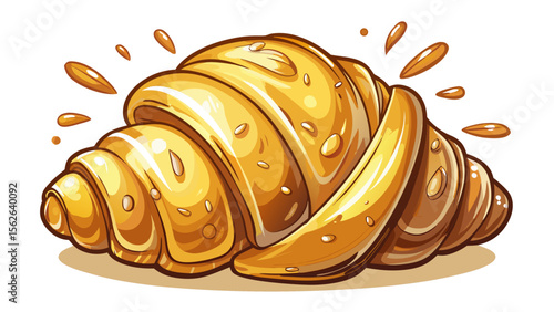 A buttery croissant, with golden flaky layers spiraling out, rests on a white surface with a few crumbs scattered around, glowing with soft natural light from above.