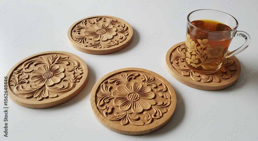 Fototapeta premium Intricately carved wooden coasters elegantly display floral patterns soft light enhances detail. AI Generated