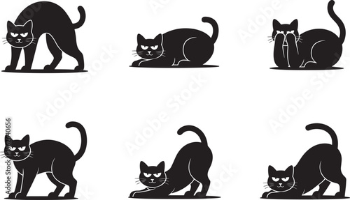 Six Black Cat Poses Vector Illustrations of Feline Attitudes