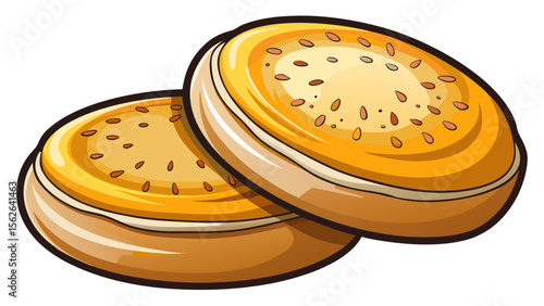 The soft, round form of English muffin, sliced open to reveal its airy, fork-split texture, sits neatly centered on a smooth white background.