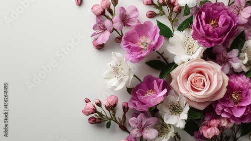 Elegant flat-lay bouquet of blush peonies, crimson ranunculus and creamy roses scattered on pure white backdrop