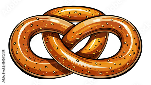 A twisted and salted pretzel, rich brown and glossy, its coarse salt glinting slightly, lies gracefully on a white background, evoking warmth and tradition.
