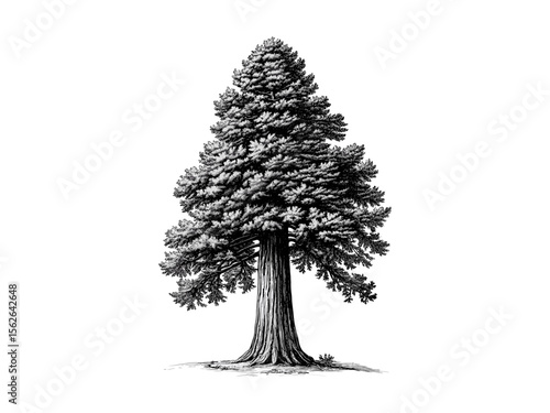 Old engraving style, vintage botanical art, hand-drawn towering Sequoia Redwood, forest print, eco-friendly nature illustration, black sketch, rustic decor, natural heritage art