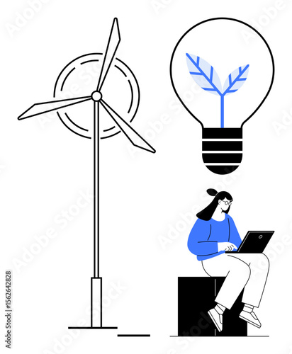 Wind turbine, eco-themed lightbulb with leaf design, person working on a laptop. Ideal for clean energy, sustainability, innovation, technology, eco-friendly, environmental responsibility simple
