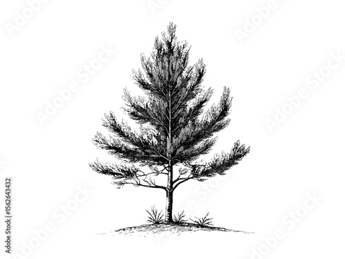 Larch tree vintage engraving, botanical hand-drawn branches, old-fashioned forest sketch, retro nature art, black sketch style, rustic woodland illustration, trendy plant decor print