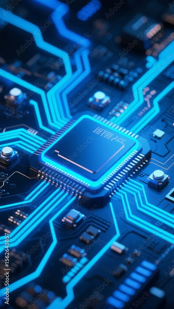 Fototapeta premium Close-up of a glowing circuit board with a central processor chip
