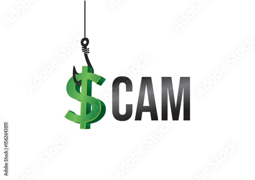Fishing hook suspended over a dollar sign depicting a "scam" message to highlight financial scams and raise awareness about online fraud