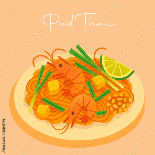 A vector illustration of Pad Thai, stir-fried rice noodles with shrimp, tofu, peanuts, and lime. A famous Thai street food.