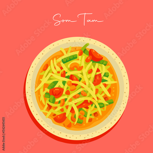 A vector illustration of Som Tum, a Thai green papaya salad with chili, lime, and peanuts. A spicy and tangy street food