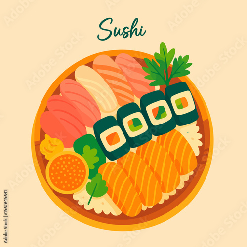 A colorful vector illustration of assorted sushi including nigiri, sashimi, and maki rolls. A popular dish in Japanese cuisine