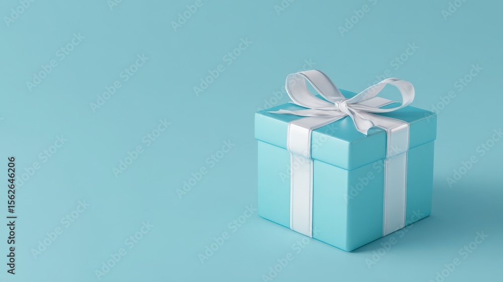 Glossy light blue gift box with a white satin ribbon and bow, standing upright on a pastel blue background, perfect for holiday celebrations, luxury branding, birthdays, or special occasions Glossy light blue gift box with a white satin ribbon and bow, standing upright on a pastel blue background, perfect for holiday celebrations, luxury branding, birthdays, or special occasions