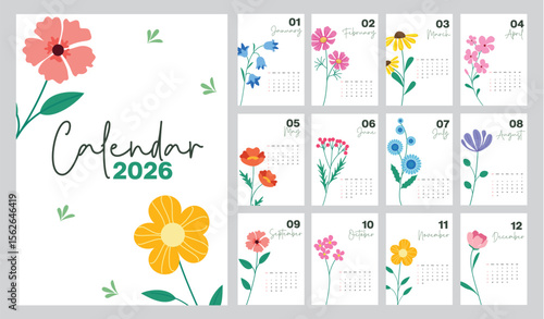 2026 calendar flowers template clipart set. Flower and leaves drawing abstract decoration clip art collection of 12 months 2026 calendar printable lay out vector illustration. 
