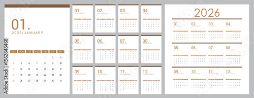 2026 calendar template clipart set. Calendar 2026 clip art template with 12 moths lay out collection for weekly, monthly and days schedule planner design vector illustration. 
