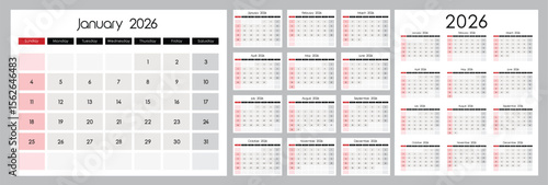 Calendar 2026 January template clipart set. 2026 calendar of 12 months lay out clip art collection with table and column pages decoration vector illustration. 
