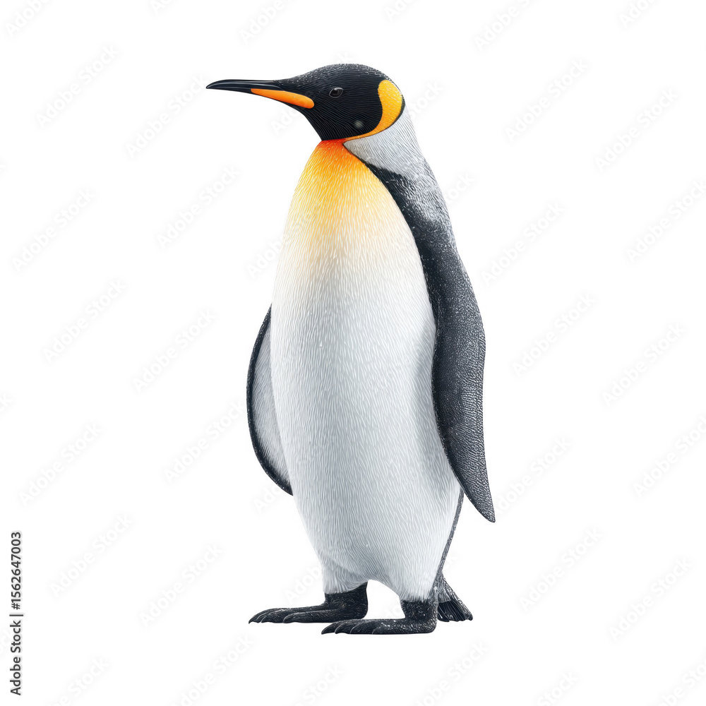 Obraz premium A solitary emperor penguin stands majestically on a smooth. icy surface. showcasing its striking black and white plumage. while soft snowflakes fall gently in the serene. chilly Antarctic background